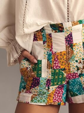 Pilcro Patchwork Floral High-Waist Cotton Shorts - Multicolor